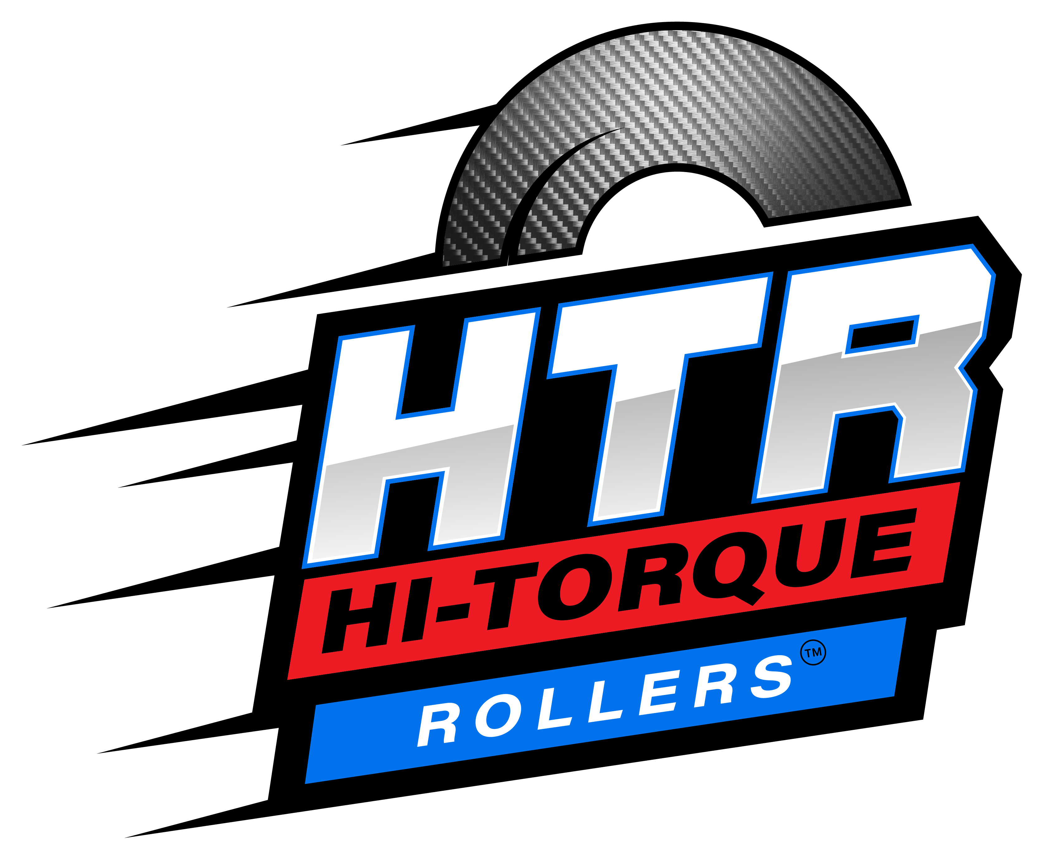 Hi-Torque Rollers logo, shaded grey half wheel with carbon fiber texture above upper case HTR with blue outline and angled bottom half of text grey on top of black block letters HI-TORQUE with a surrounding red rectangle on top of white block letters ROLLERS with a surrounding smaller blue rectangle with all text outlined in black with seven triangle points streaming from the left side of the design