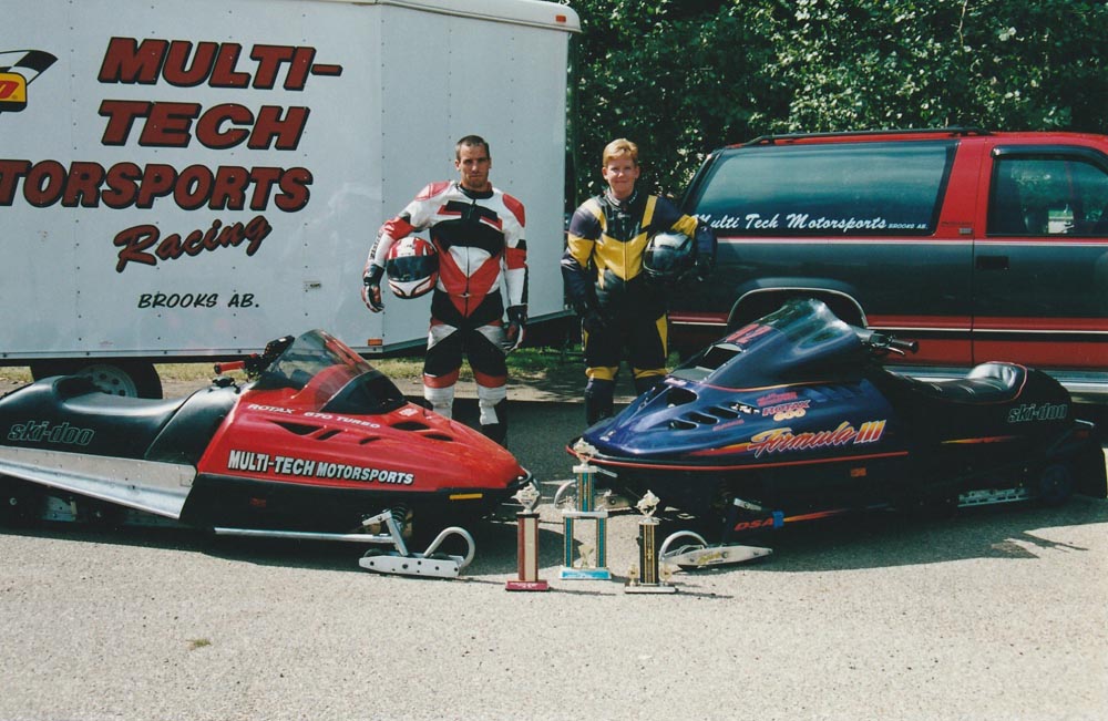 A vintage image featuring the Multi-Tech Motorsports Race Team during the year 2000 with Hi-Torque Rollers on their Ski-Doo secondary CVT clutch.